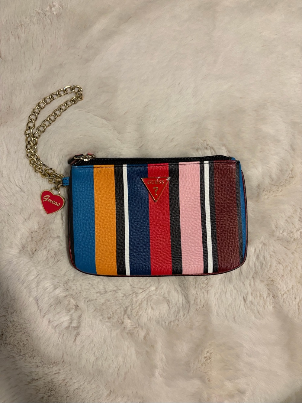 GUESS Multicolor Striped Wristlet with Gold Chain and Heart Charm